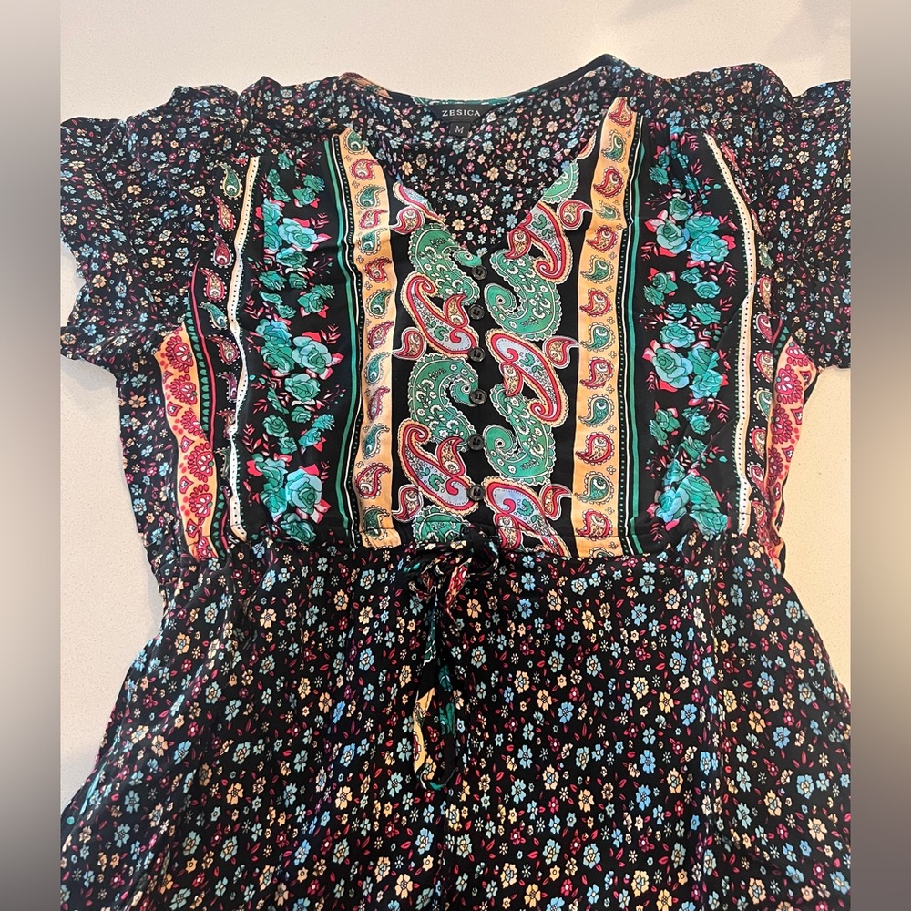 Zesica Maxi Boho Dress Black Floral Paisley Print Tied Waist Women's‎ Medium - Picture 3 of 7